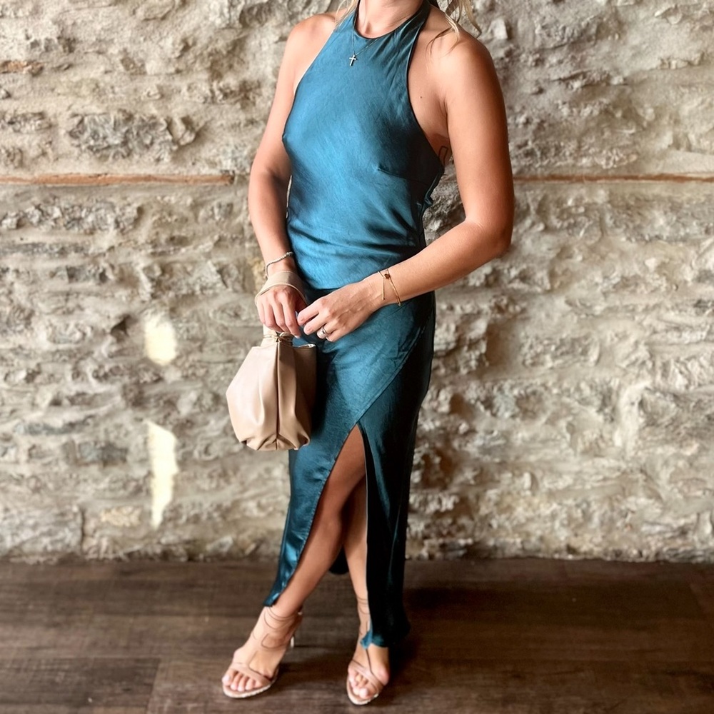 Teal silk long dress